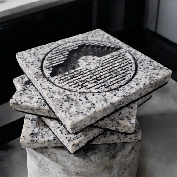 4 Marble Mountain Scape Summit Drink Coaster Set Rubber Back 4 Inch Black Grey - Picture 2 of 6